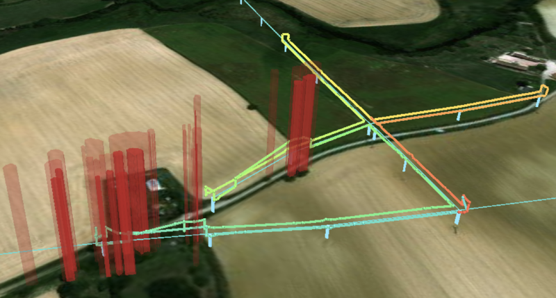 Drone flight trajectories on a distribution grid created in Sterblue